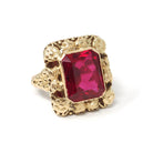 Vintage Created Ruby Ring - Retro 14k Yellow Gold French Cut Rectangular Red Gem Flower Statement - Circa 1940s Size 5 Floral Fine Jewelry
