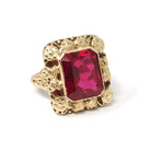 Vintage Created Ruby Ring - Retro 14k Yellow Gold French Cut Rectangular Red Gem Flower Statement - Circa 1940s Size 5 Floral Fine Jewelry