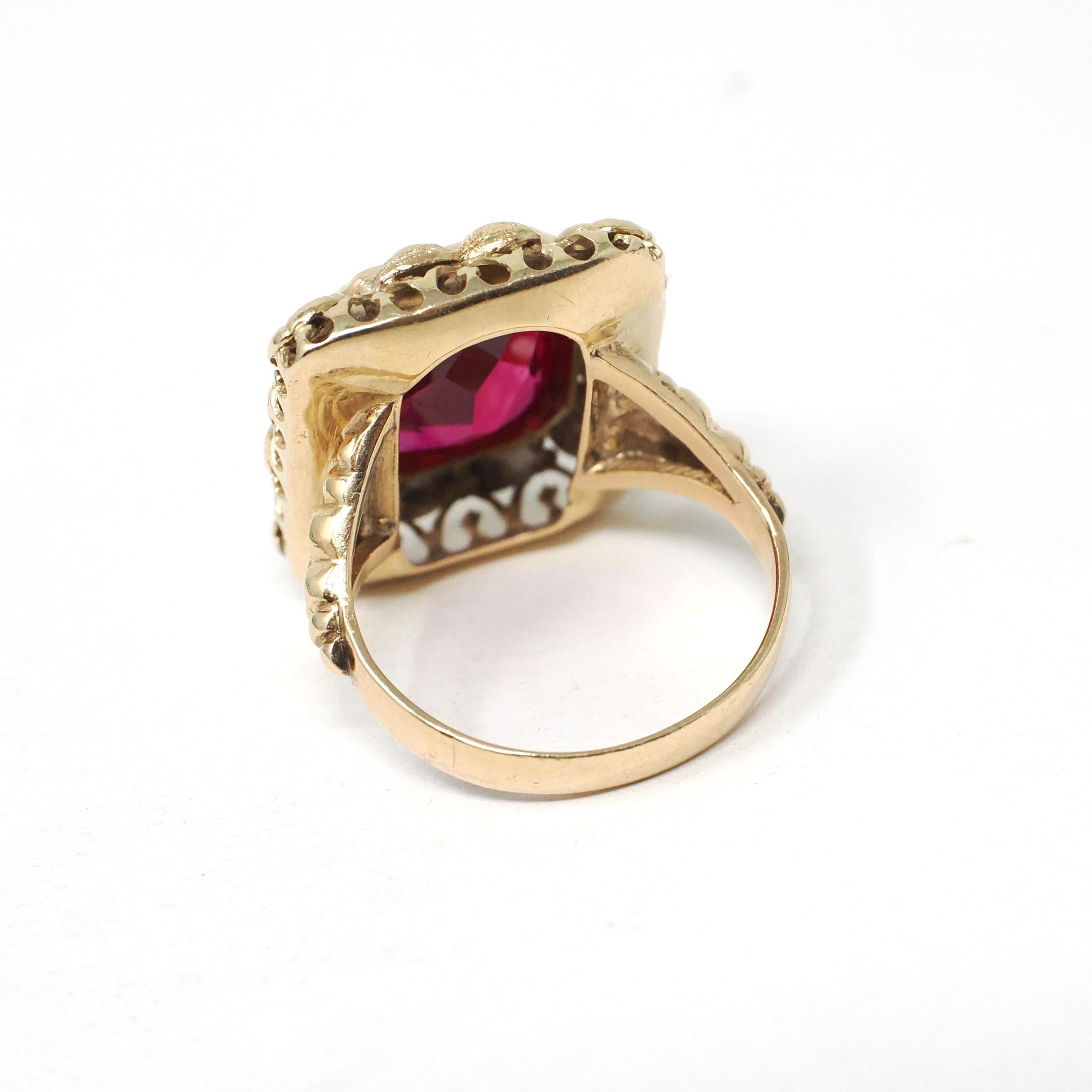 Vintage Created Ruby Ring - Retro 14k Yellow Gold French Cut Rectangular Red Gem Flower Statement - Circa 1940s Size 5 Floral Fine Jewelry