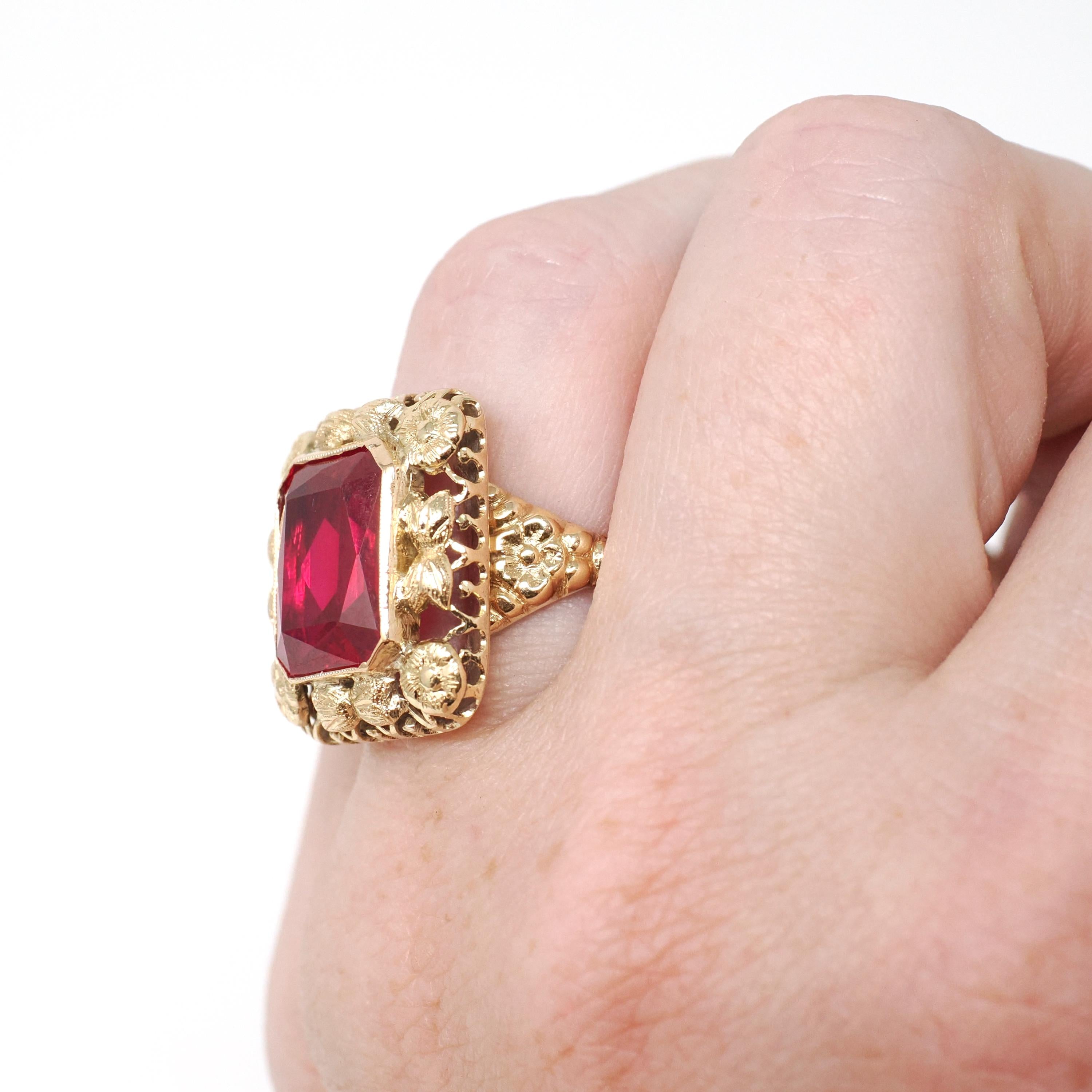 Vintage Created Ruby Ring - Retro 14k Yellow Gold French Cut Rectangular Red Gem Flower Statement - Circa 1940s Size 5 Floral Fine Jewelry