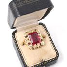Vintage Created Ruby Ring - Retro 14k Yellow Gold French Cut Rectangular Red Gem Flower Statement - Circa 1940s Size 5 Floral Fine Jewelry