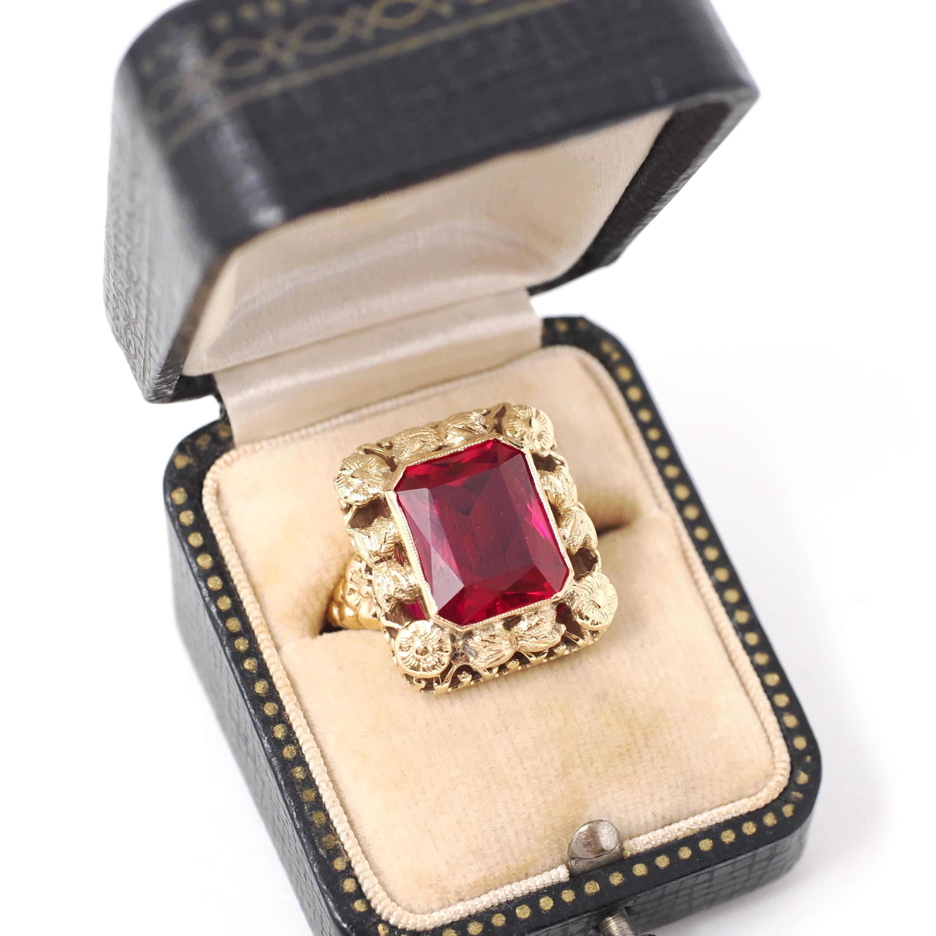 Vintage Created Ruby Ring - Retro 14k Yellow Gold French Cut Rectangular Red Gem Flower Statement - Circa 1940s Size 5 Floral Fine Jewelry