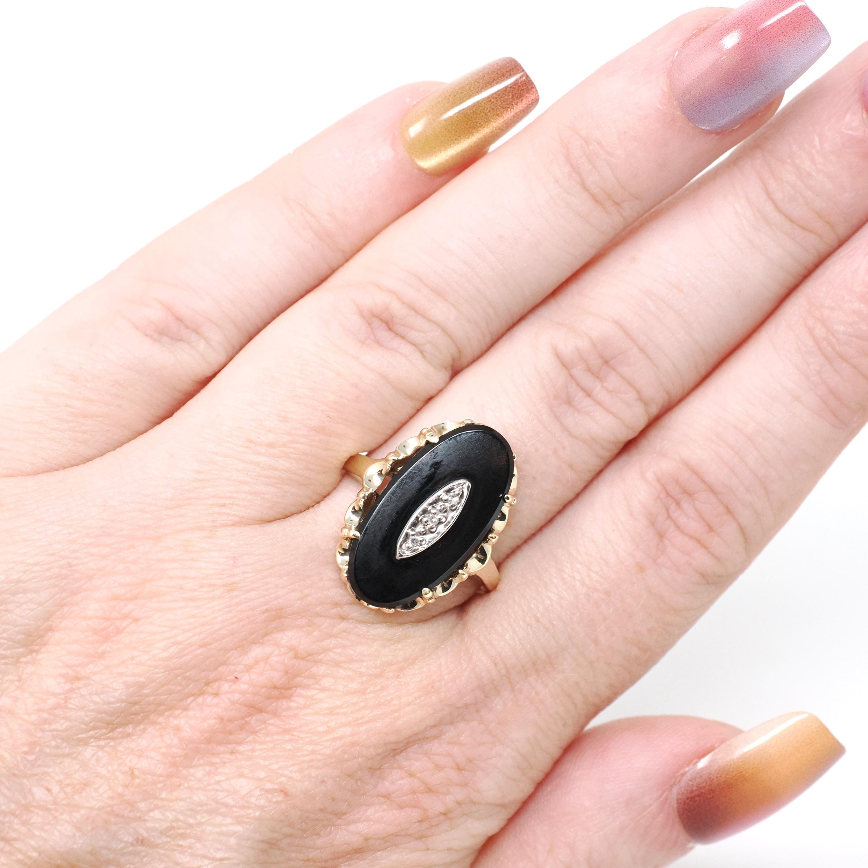 Vintage Onyx Ring - Mid Century 10k Yellow Gold Black Chalcedony & .02 CT Natural Diamond - Circa 1940s Era Size 8.5 Statement Fine Jewelry