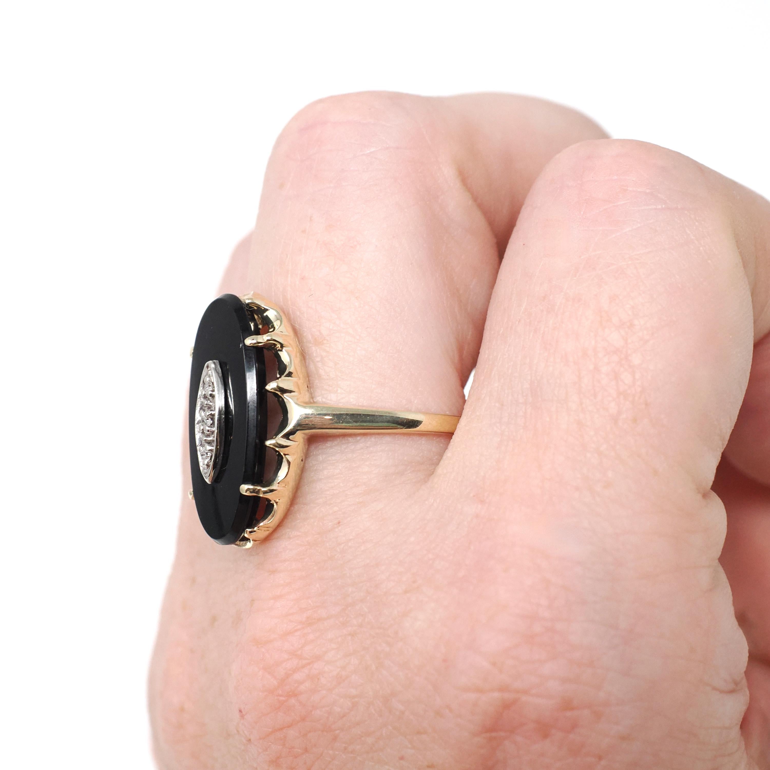 Vintage Onyx Ring - Mid Century 10k Yellow Gold Black Chalcedony & .02 CT Natural Diamond - Circa 1940s Era Size 8.5 Statement Fine Jewelry