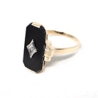 Vintage Onyx Ring - Mid Century 10k Yellow Gold Black Chalcedony & Natural Diamond - Circa 1940s Size 6 1/2 Statement Fine Two Tone Jewelry
