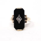 Vintage Onyx Ring - Mid Century 10k Yellow Gold Black Chalcedony & Natural Diamond - Circa 1940s Size 6 1/2 Statement Fine Two Tone Jewelry