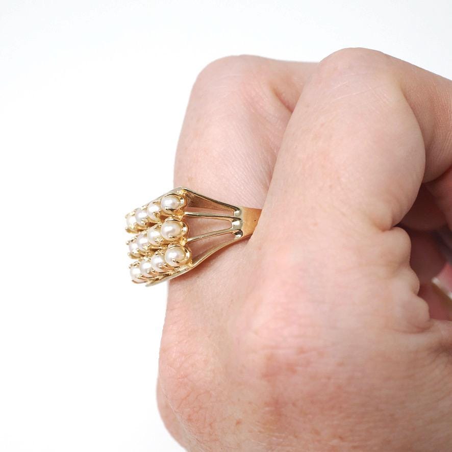 Vintage Pearl Cluster Ring - Retro 14k Yellow Gold Cultured Gems - Circa 1960s Statement Size 9 1/4 June Birthstone Egg Carton Fine Jewelry