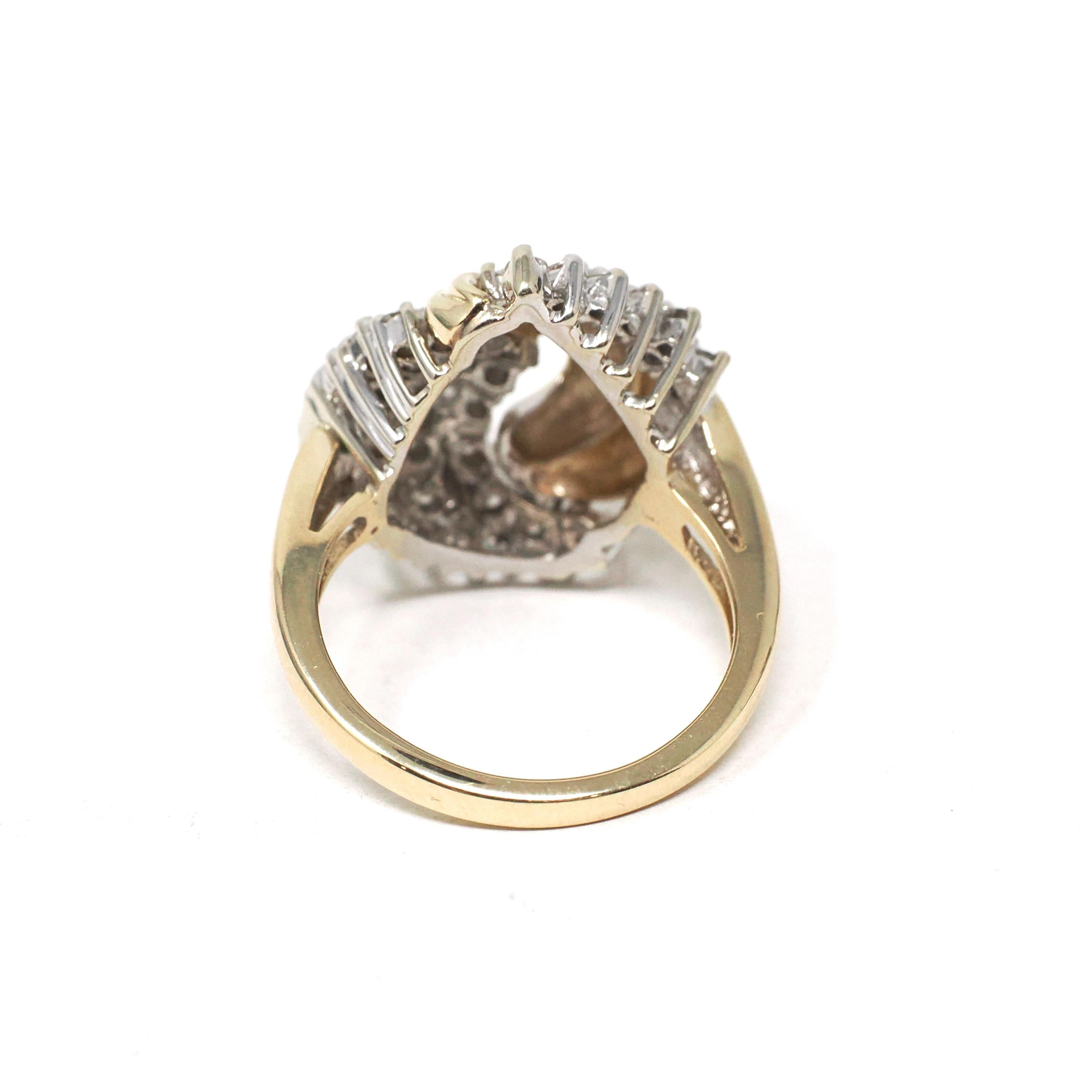 Diamond Cluster Ring - Retro Era 14k Yellow & White Gold .82 CTW Diamond Cocktail Statement - Vintage 1980s Size 7 1/2 Teardrop Fine Jewelry
