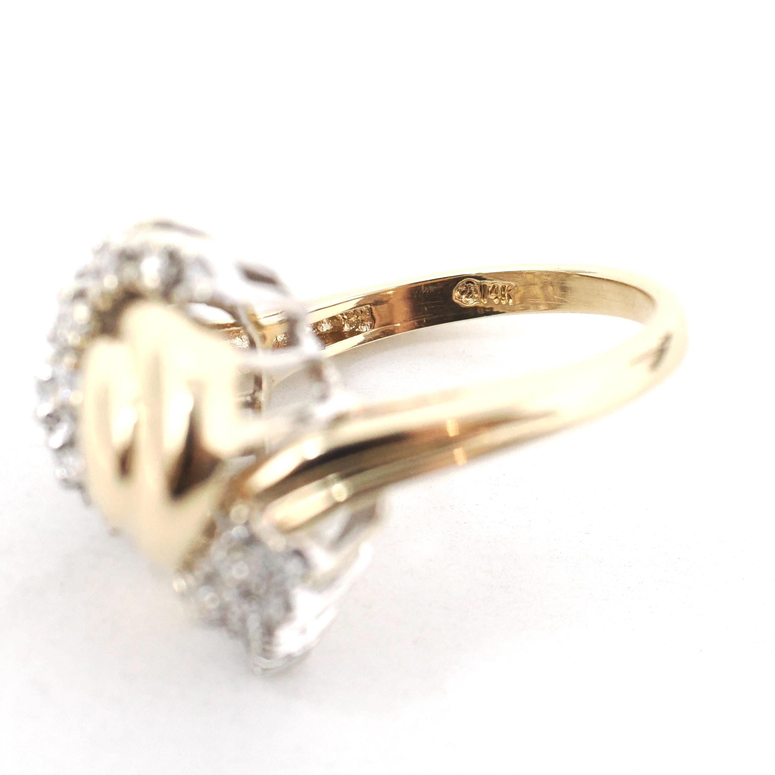 Diamond Cluster Ring - Retro Era 14k Yellow & White Gold .82 CTW Diamond Cocktail Statement - Vintage 1980s Size 7 1/2 Teardrop Fine Jewelry