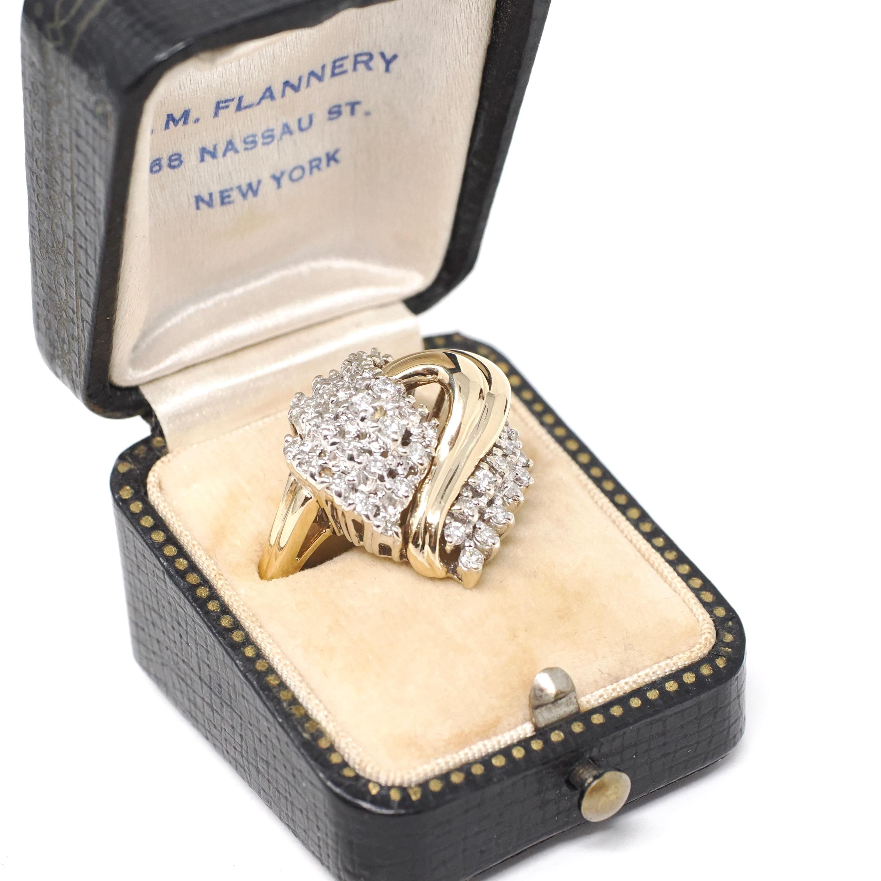 Diamond Cluster Ring - Retro Era 14k Yellow & White Gold .82 CTW Diamond Cocktail Statement - Vintage 1980s Size 7 1/2 Teardrop Fine Jewelry