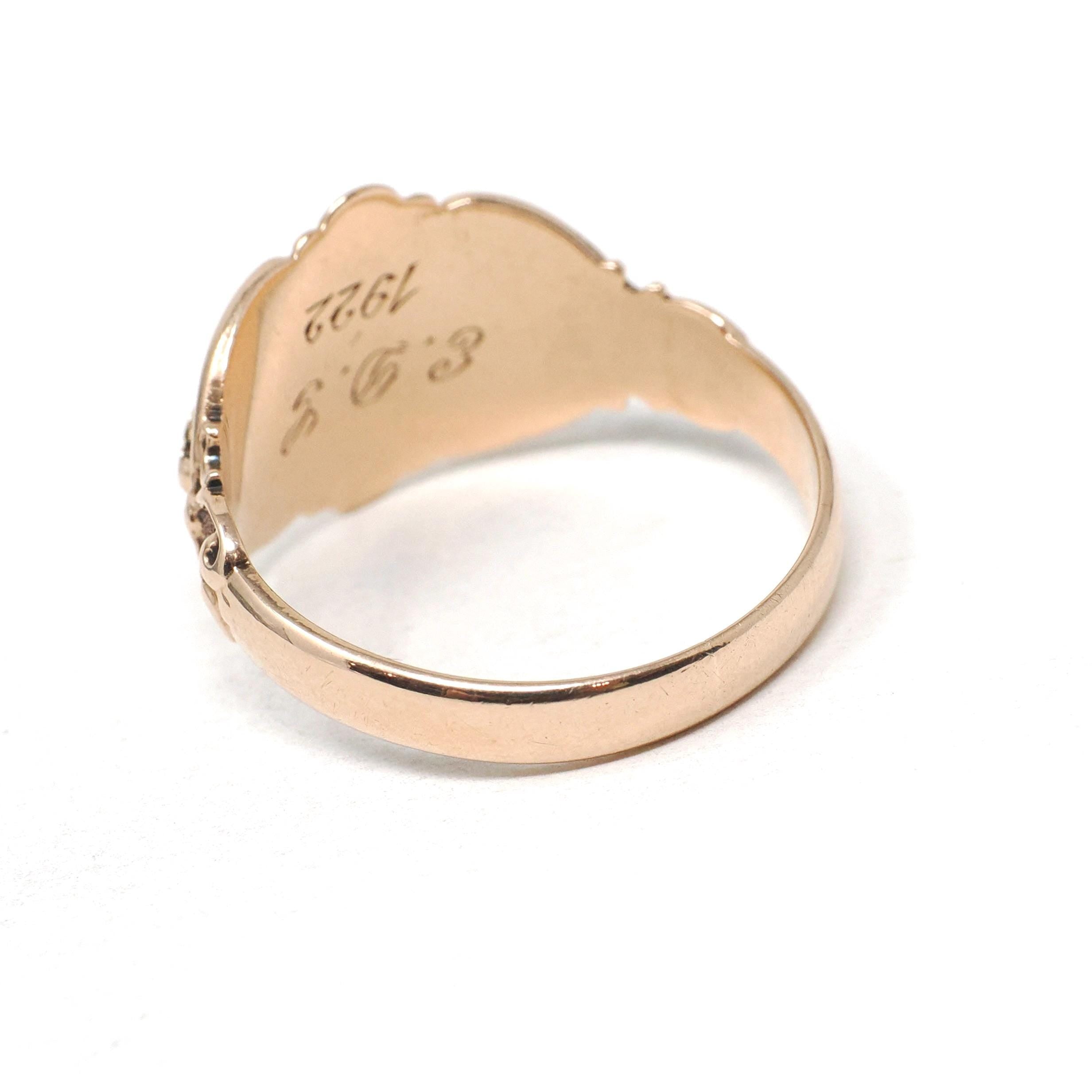 Antique Signet Ring - Art Deco 10k Rose & Yellow Gold Blank Oval Statement - Dated 1922 Inscribed EDG Size 12 Personalizable Fine OB Jewelry