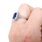 Art Deco Ring - Vintage 14k White Gold Blue Glass Triplet Stone Simulated Sapphire - Antique Circa 1920s Size 5 1/2 Filigree Fine Jewelry