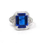 Art Deco Ring - Vintage 14k White Gold Blue Glass Triplet Stone Simulated Sapphire - Antique Circa 1920s Size 5 1/2 Filigree Fine Jewelry