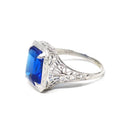 Art Deco Ring - Vintage 14k White Gold Blue Glass Triplet Stone Simulated Sapphire - Antique Circa 1920s Size 5 1/2 Filigree Fine Jewelry