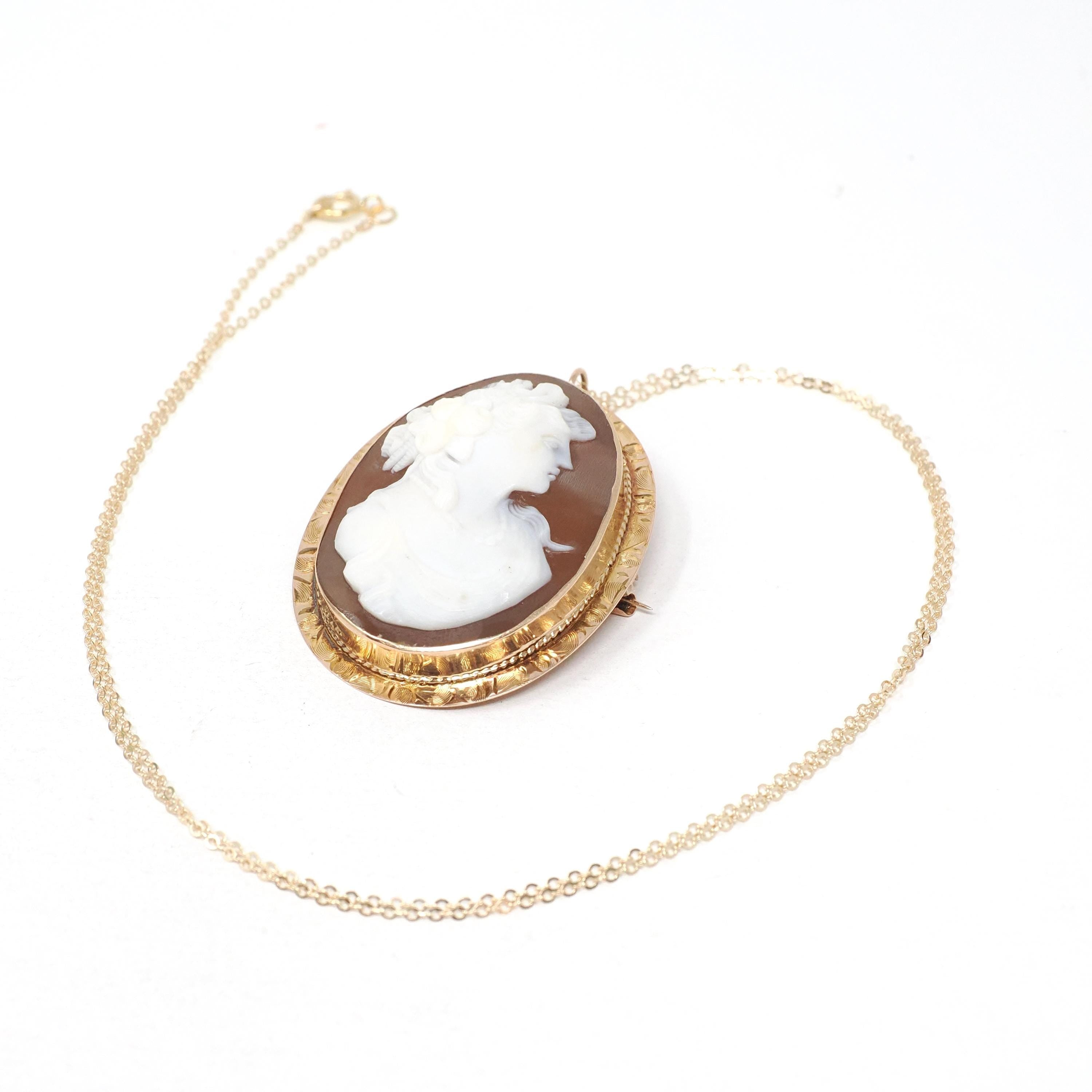 Edwardian Cameo Pendant - 10k Rose Gold Carved Brown Shell Oval Portrait Necklace Brooch Pin - Circa 1910s Era Fine Convertible Jewelry