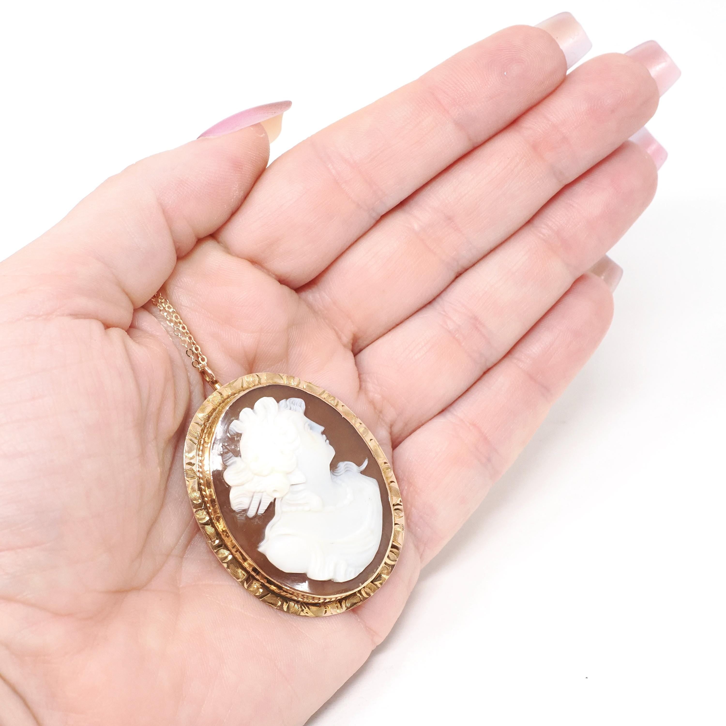 Edwardian Cameo Pendant - 10k Rose Gold Carved Brown Shell Oval Portrait Necklace Brooch Pin - Circa 1910s Era Fine Convertible Jewelry