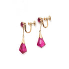 Created Ruby Earrings - Mid Century 14k Yellow Gold Red Fantasy Cut Screwback Drops - Circa 1940s Dangle Unpierced Statement Fine Jewelry