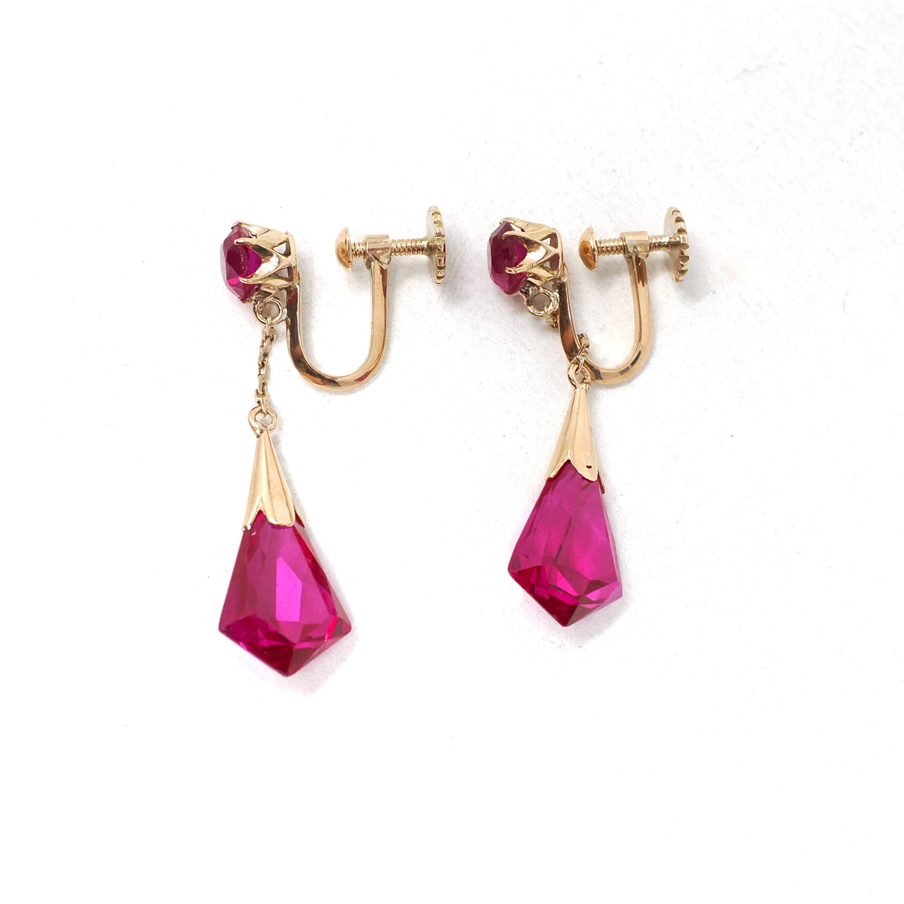 Created Ruby Earrings - Mid Century 14k Yellow Gold Red Fantasy Cut Screwback Drops - Circa 1940s Dangle Unpierced Statement Fine Jewelry