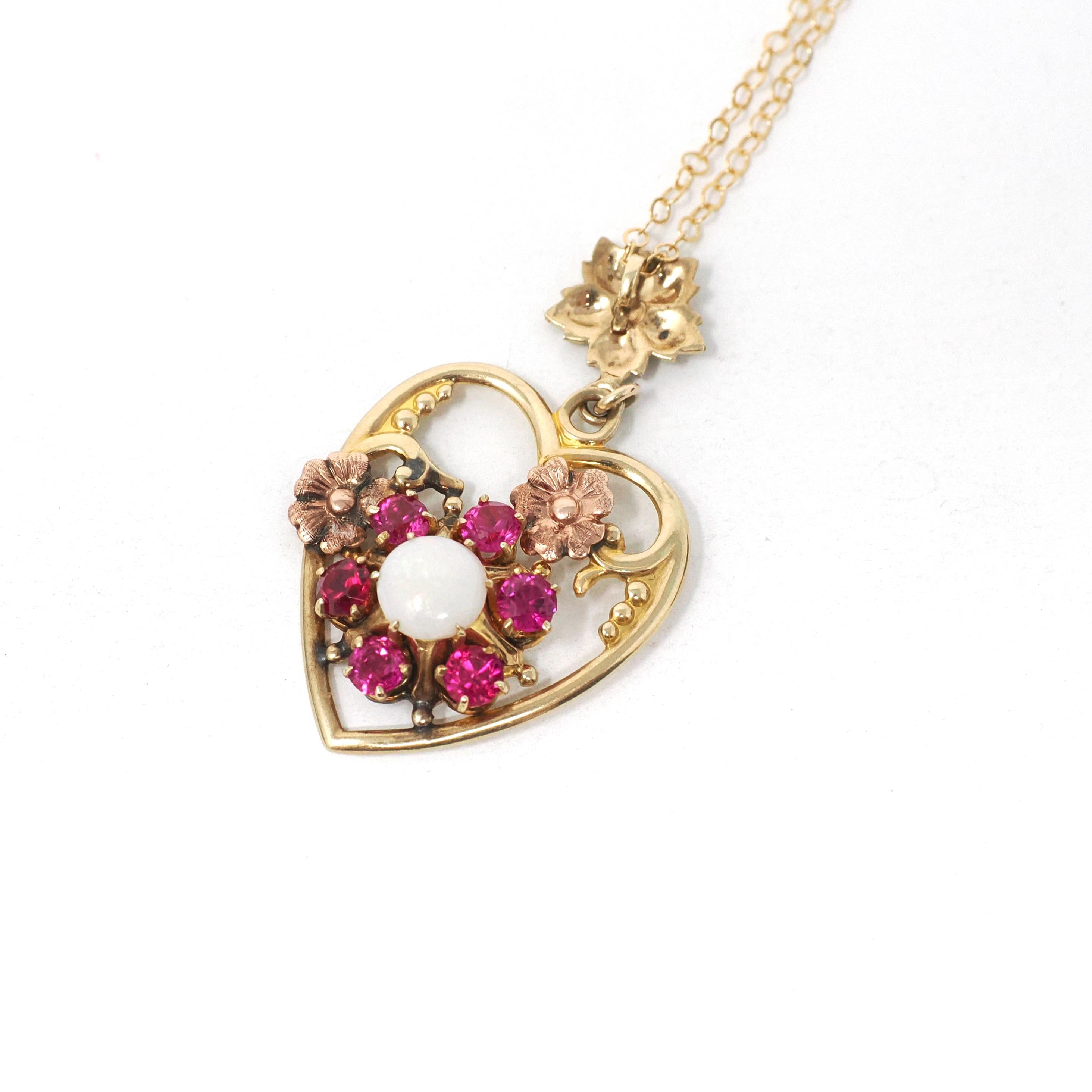 Gemstone Flower Heart Pendant - Mid Century 10k Yellow Rose Gold Opal Created Ruby Charm Necklace - Circa 1940s Era Fine Sweetheart Jewelry