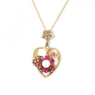 Gemstone Flower Heart Pendant - Mid Century 10k Yellow Rose Gold Opal Created Ruby Charm Necklace - Circa 1940s Era Fine Sweetheart Jewelry