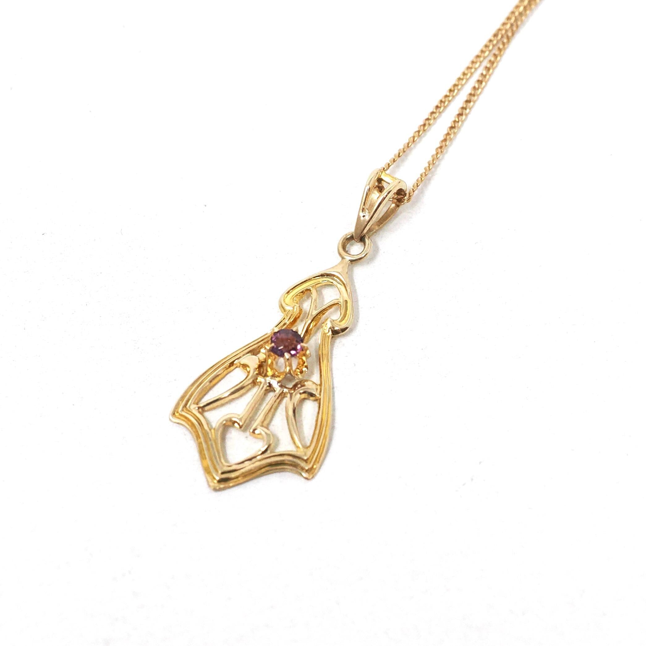 Antique Lavalier Necklace - Edwardian 10k Yellow Gold Round Faceted Purple Glass Stone Pendant - Vintage Circa 1910s Era Dainty Fine Jewelry