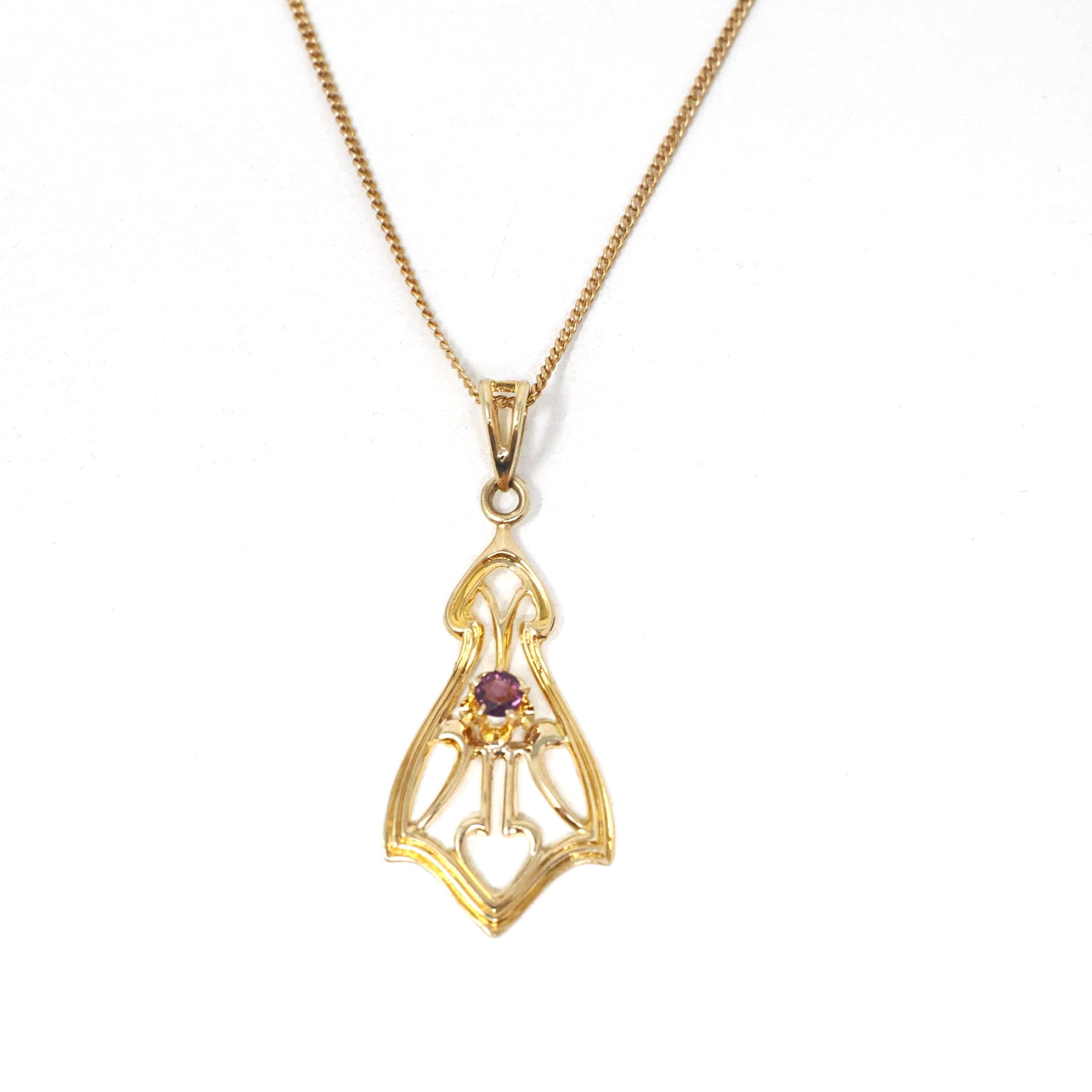 Antique Lavalier Necklace - Edwardian 10k Yellow Gold Round Faceted Purple Glass Stone Pendant - Vintage Circa 1910s Era Dainty Fine Jewelry
