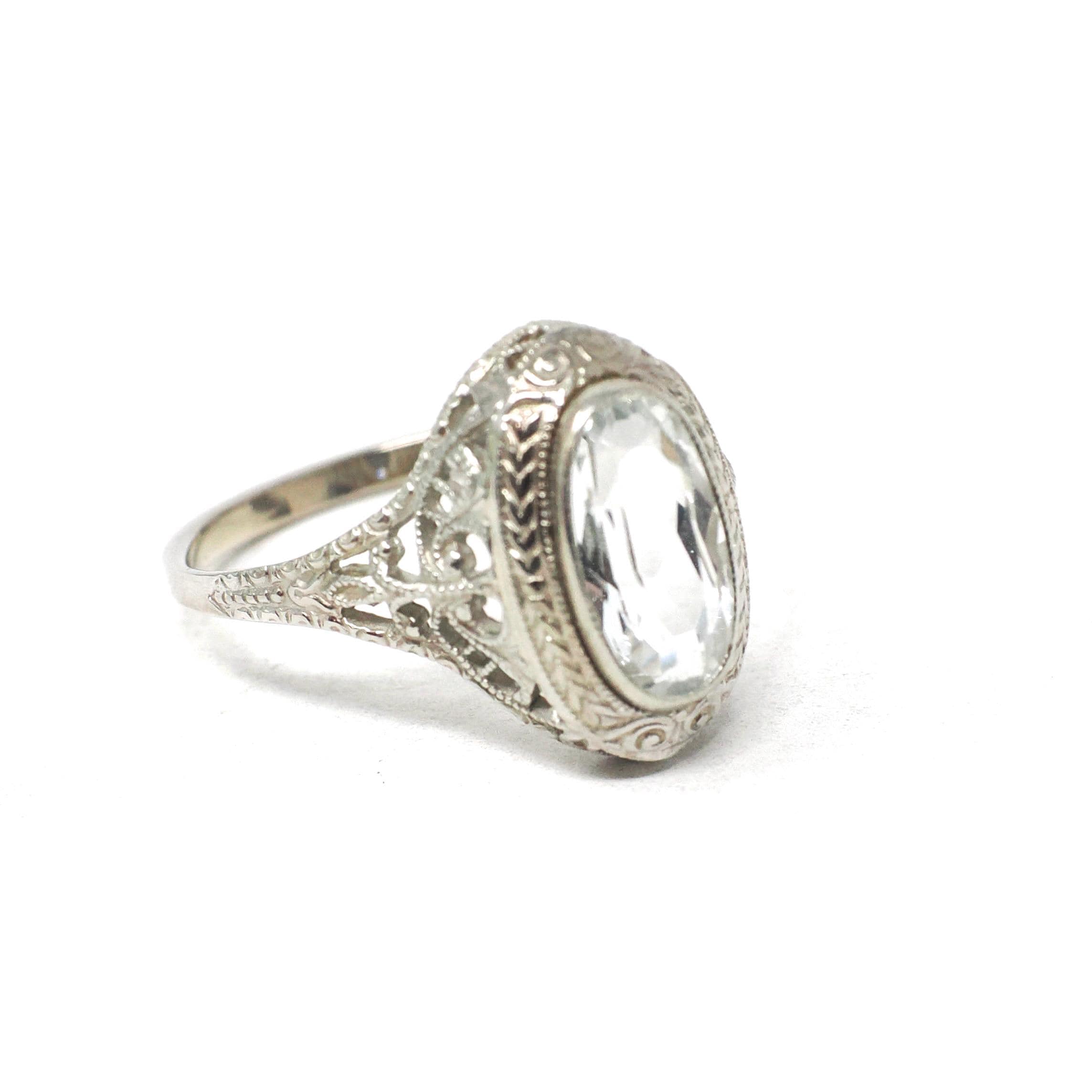 Vintage Aquamarine Ring - Art Deco 14k White Gold Oval Blue Bezel Gemstone Solitaire - Circa 1930s Size 6 Engagement Filigree Fine Jewelry