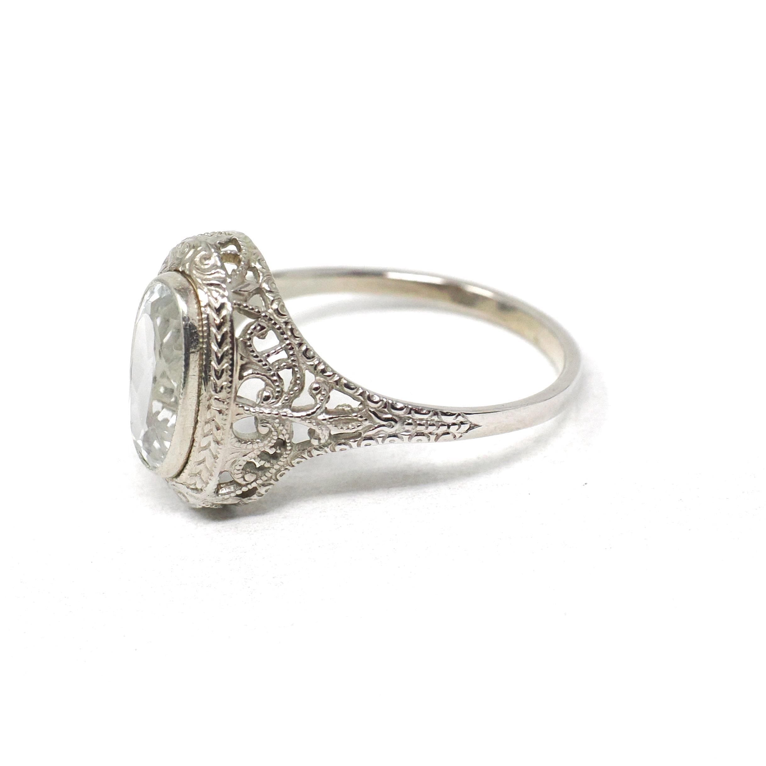 Vintage Aquamarine Ring - Art Deco 14k White Gold Oval Blue Bezel Gemstone Solitaire - Circa 1930s Size 6 Engagement Filigree Fine Jewelry