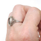 Vintage Aquamarine Ring - Art Deco 14k White Gold Oval Blue Bezel Gemstone Solitaire - Circa 1930s Size 6 Engagement Filigree Fine Jewelry