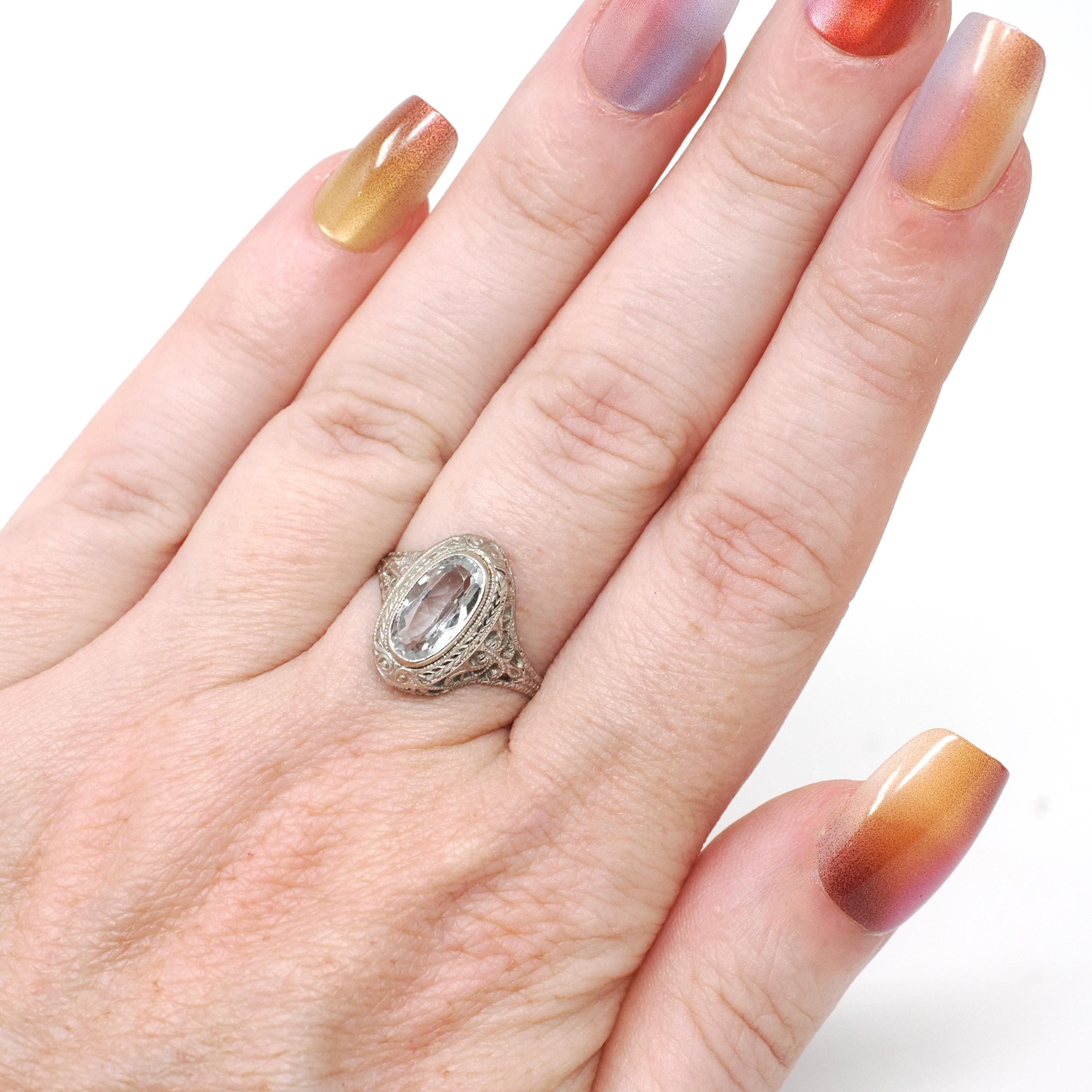 Vintage Aquamarine Ring - Art Deco 14k White Gold Oval Blue Bezel Gemstone Solitaire - Circa 1930s Size 6 Engagement Filigree Fine Jewelry