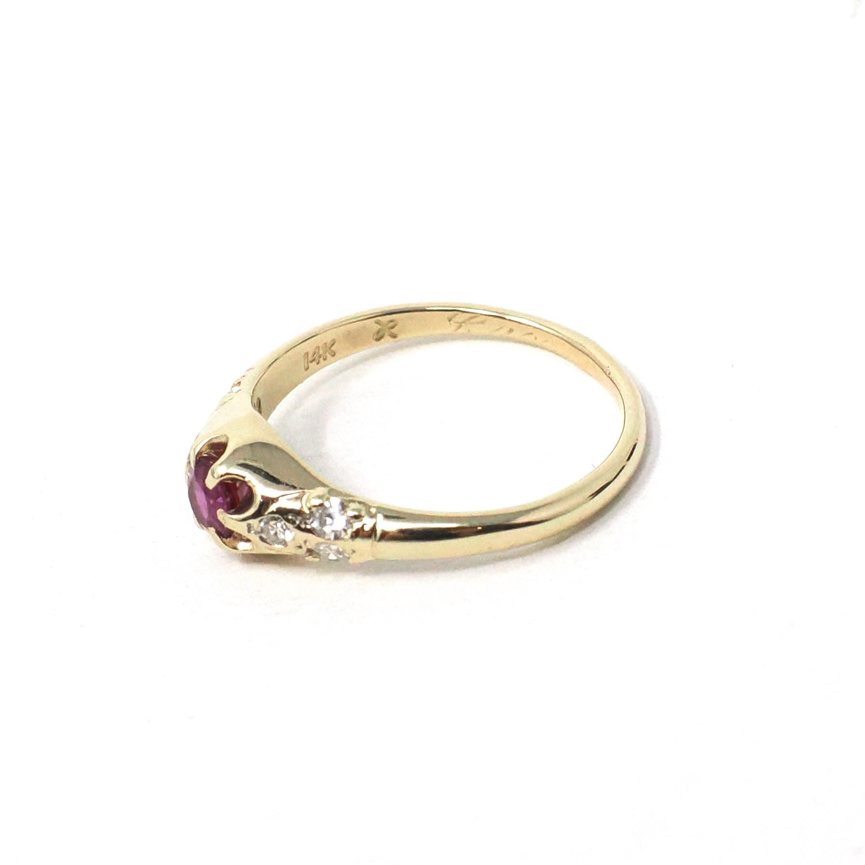 Vintage Ruby & Diamond Ring - Retro Era 14k Yellow Gold Natural Red Gemstone - Circa 1970s Size 6 Engagement Anniversary Fine Bridal Jewelry