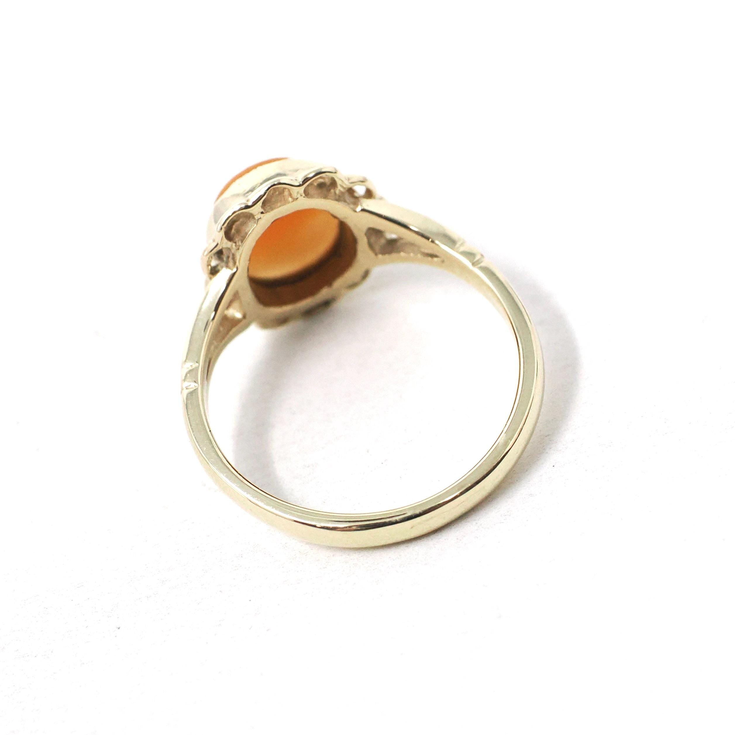 Vintage Cameo Ring - Retro 9k Yellow Gold Carved Natural Oval Shell Woman's Profile - Hallmarked 1976 Size 6 1/2 Scalloped Halo Fine Jewelry