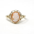 Vintage Cameo Ring - Retro 9k Yellow Gold Carved Natural Oval Shell Woman's Profile - Hallmarked 1976 Size 6 1/2 Scalloped Halo Fine Jewelry