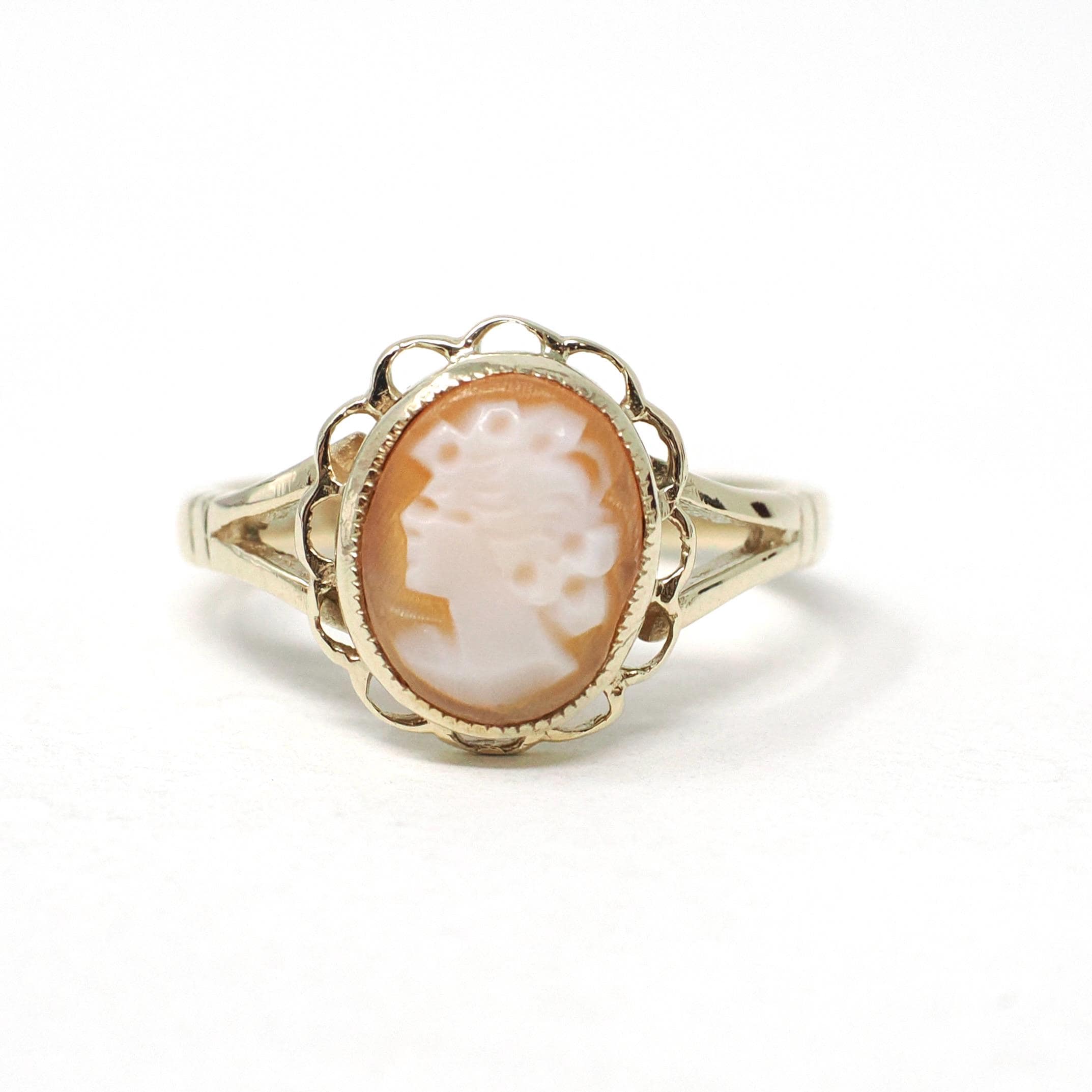 Vintage Cameo Ring - Retro 9k Yellow Gold Carved Natural Oval Shell Woman's Profile - Hallmarked 1976 Size 6 1/2 Scalloped Halo Fine Jewelry