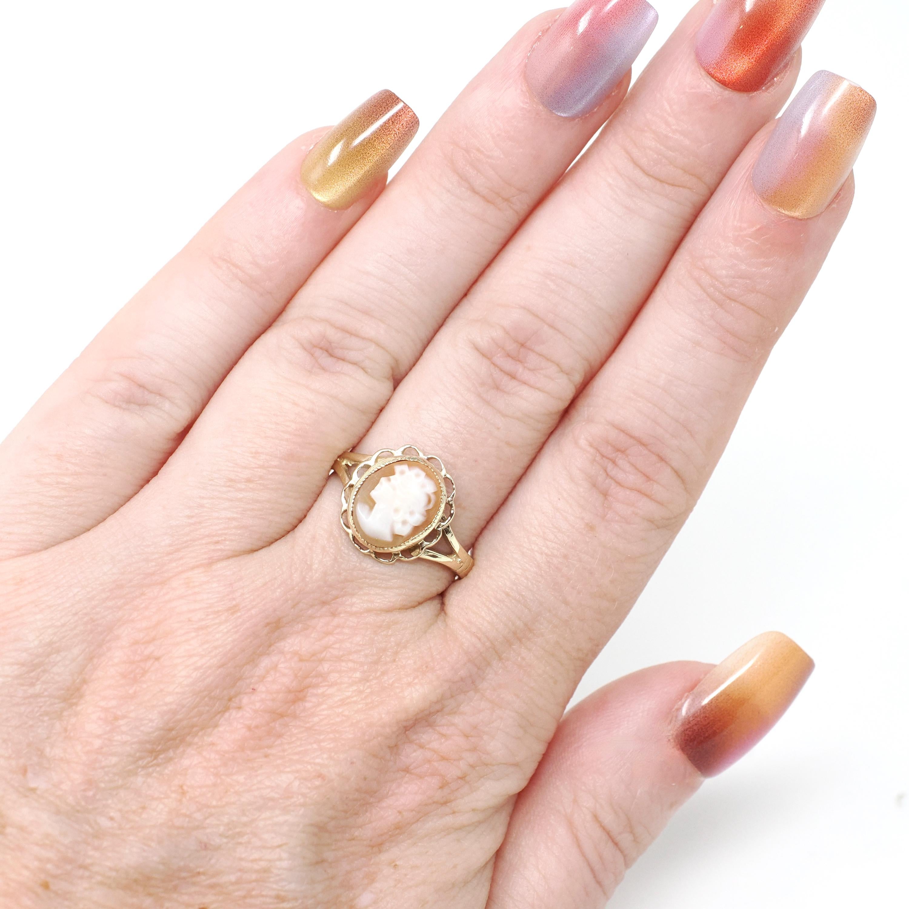 Vintage Cameo Ring - Retro 9k Yellow Gold Carved Natural Oval Shell Woman's Profile - Hallmarked 1976 Size 6 1/2 Scalloped Halo Fine Jewelry