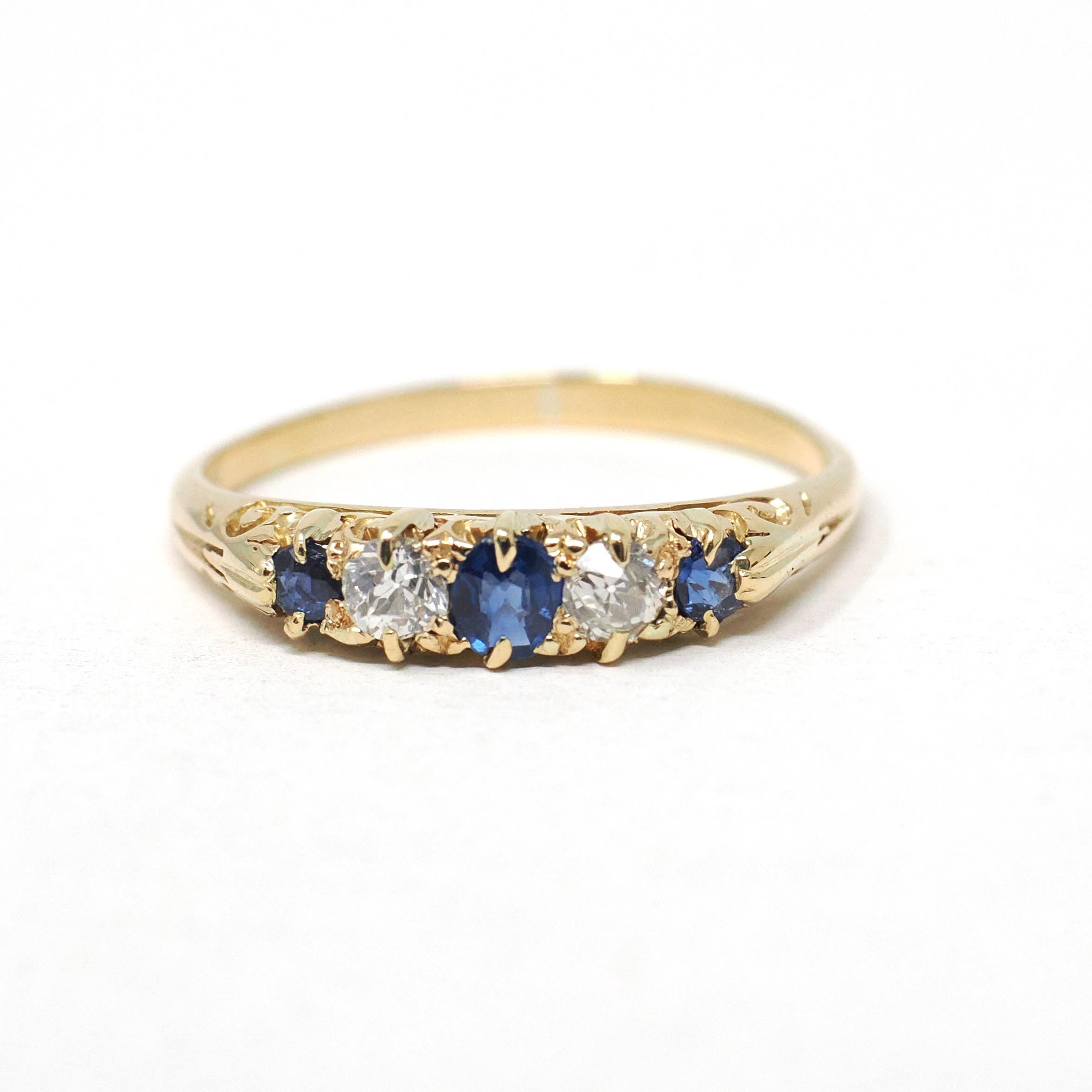 Antique Sapphire & Diamond Band - Edwardian 18k Yellow Gold Natural Blue Gem Wedding Stacking Ring - Vintage 1900s Size 6 1/4 Fine Jewelry