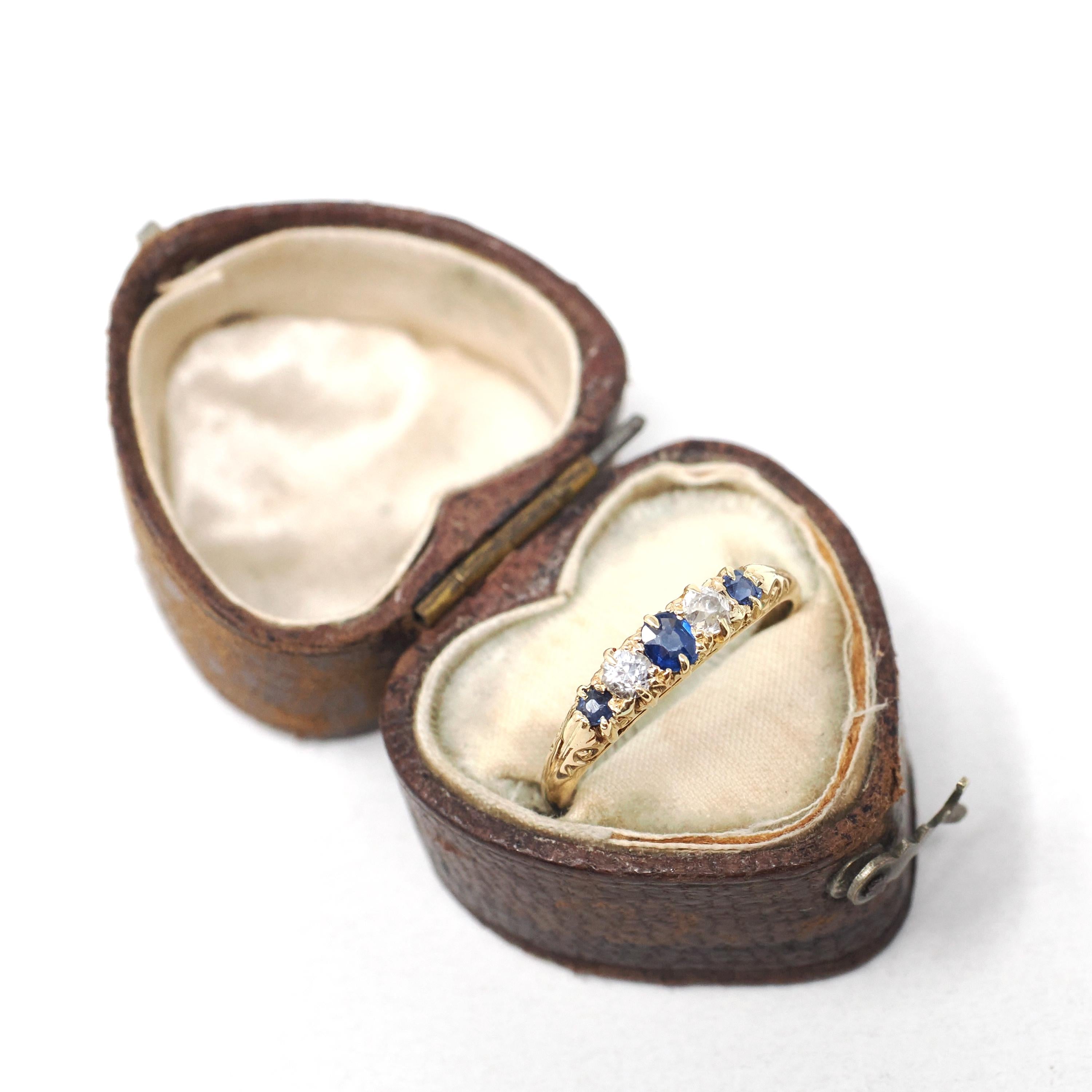 Antique Sapphire & Diamond Band - Edwardian 18k Yellow Gold Natural Blue Gem Wedding Stacking Ring - Vintage 1900s Size 6 1/4 Fine Jewelry