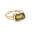 Modern Sphene Ring - 18k Yellow Gold Bezel Set Natural Green Gemstone - Size 6 Statement Fine Cocktail East West Fire Dispersion Jewelry