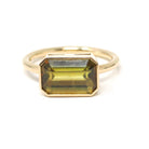Modern Sphene Ring - 18k Yellow Gold Bezel Set Natural Green Gemstone - Size 6 Statement Fine Cocktail East West Fire Dispersion Jewelry