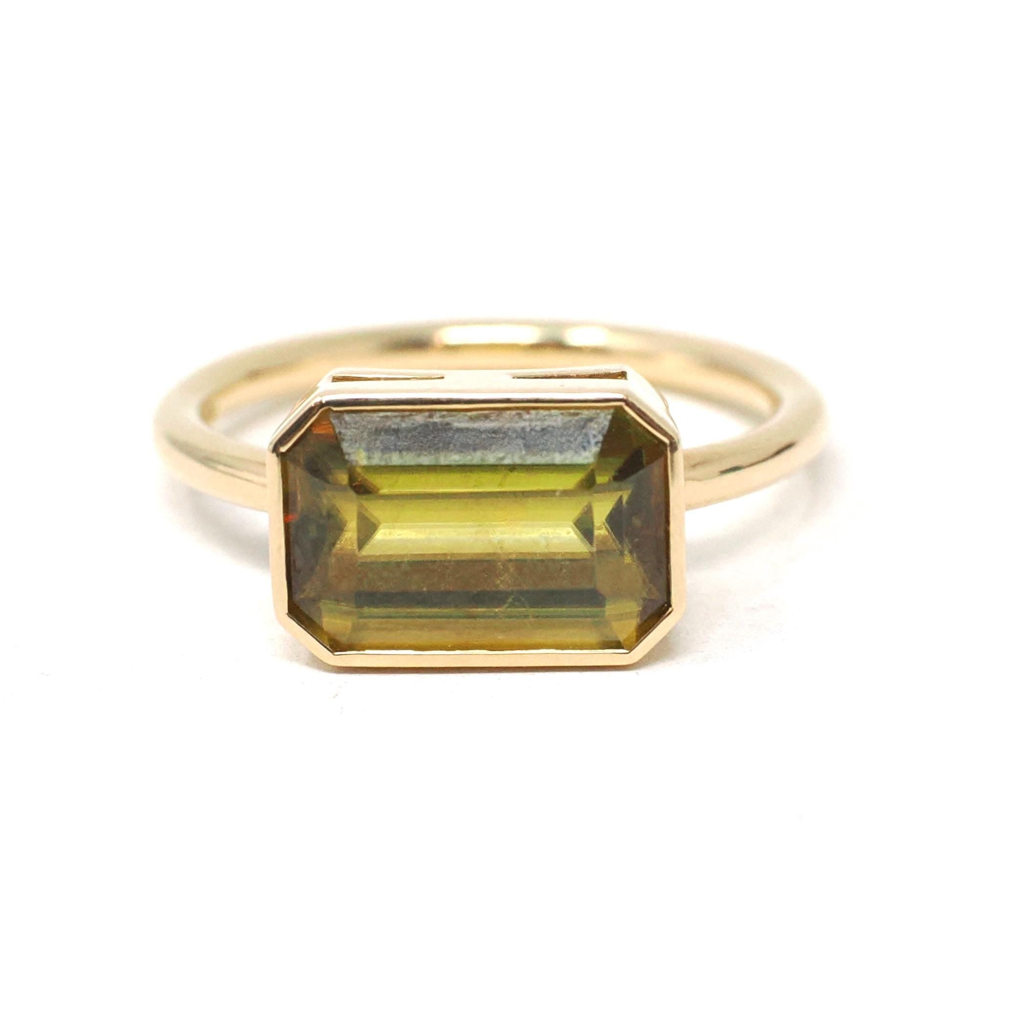 Modern Sphene Ring - 18k Yellow Gold Bezel Set Natural Green Gemstone - Size 6 Statement Fine Cocktail East West Fire Dispersion Jewelry