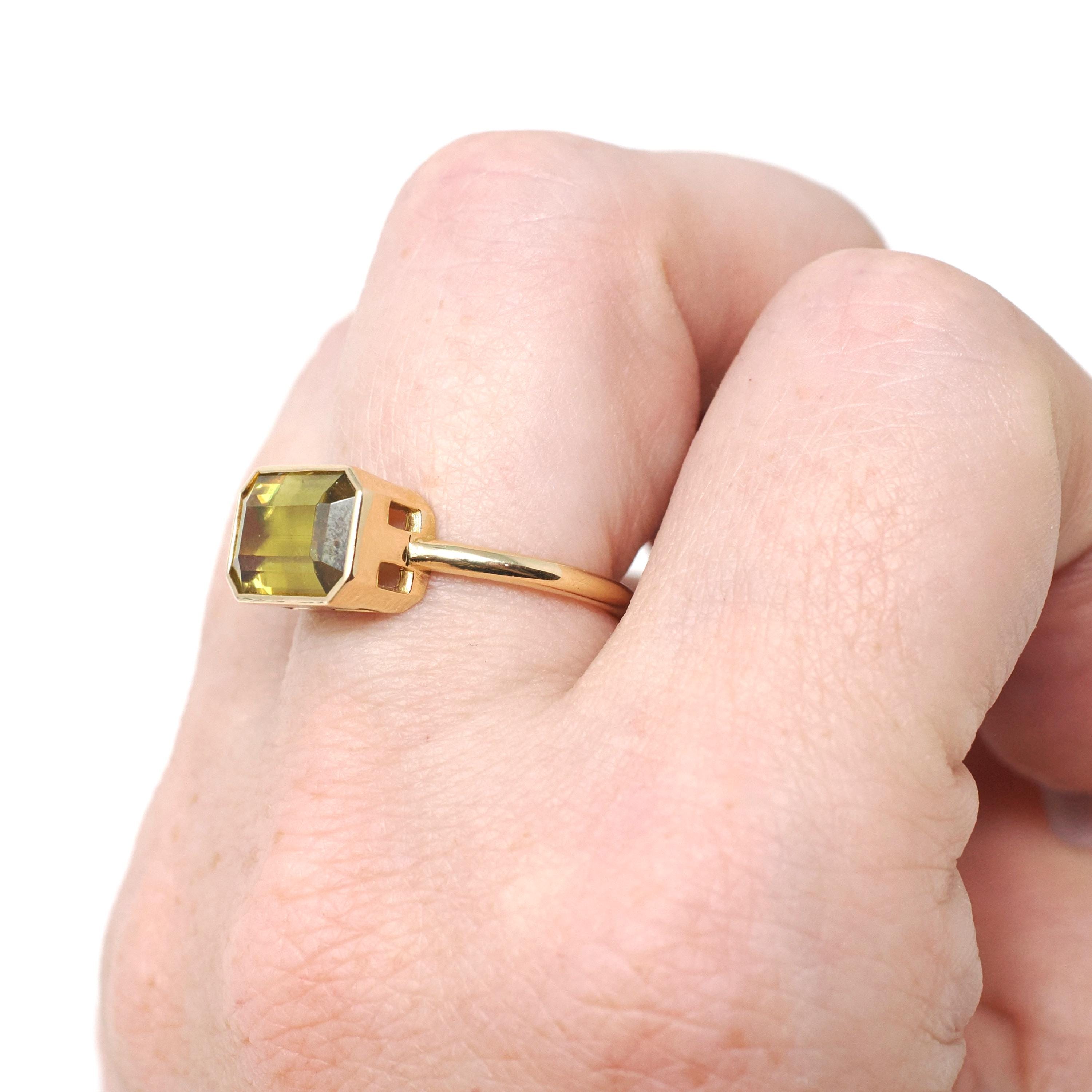 Modern Sphene Ring - 18k Yellow Gold Bezel Set Natural Green Gemstone - Size 6 Statement Fine Cocktail East West Fire Dispersion Jewelry