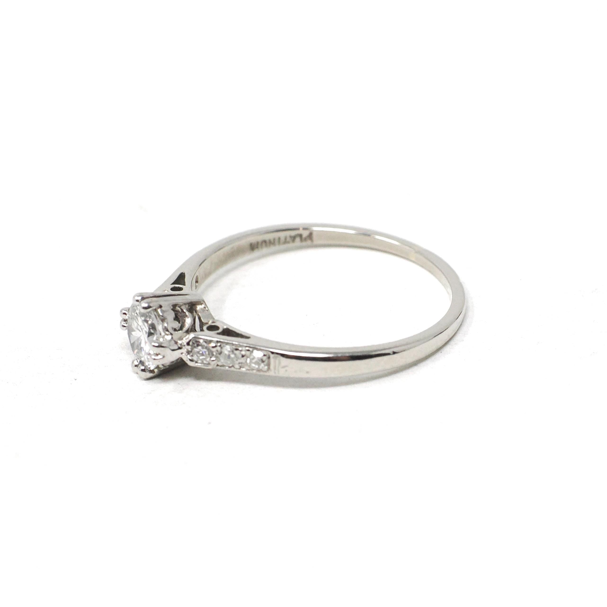 Mid Century Diamond Ring - Vintage Platinum Natural .48 CTW Classic Accented Engagement - Circa 1950s Era Size 7 Fine Bridal Wedding Jewelry