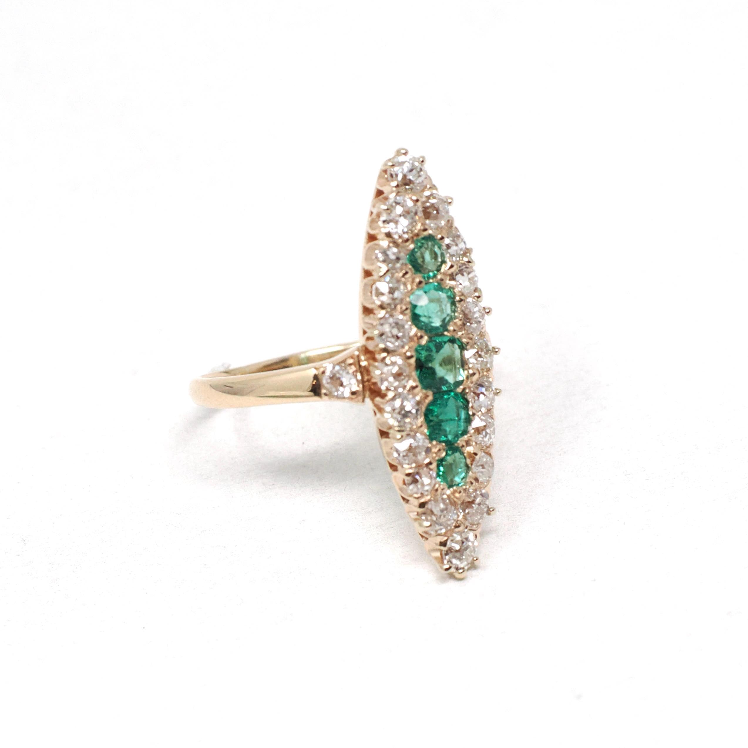 Antique Navette Ring - Edwardian 14k Yellow Gold Handmade Natural Green Emeralds & Diamonds - Circa 1900 Size 4 1/4 Engagement Fine Jewelry