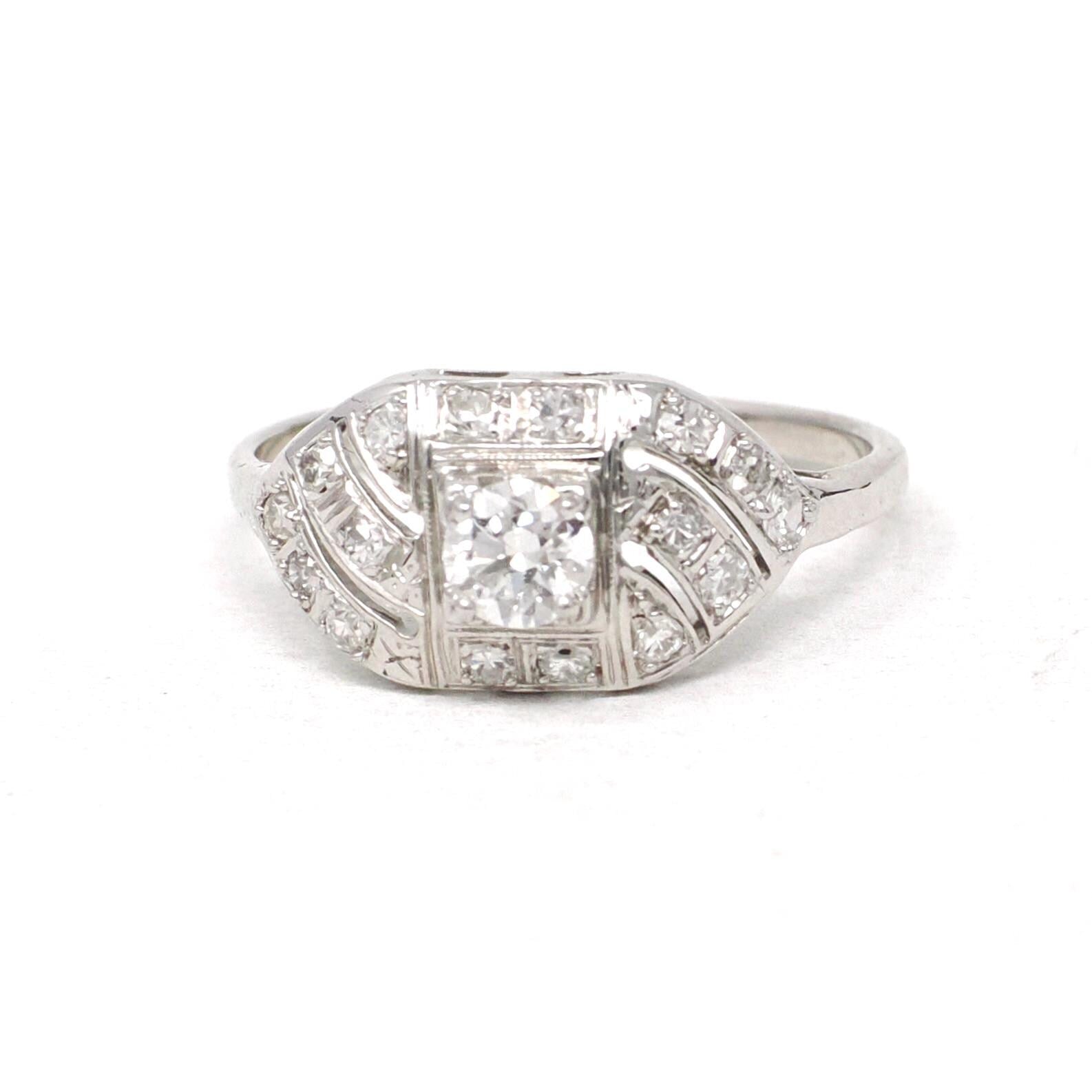Mid Century Diamond Ring - Vintage 14k White Gold .48 CTW Princess Cluster Engagement - Circa 1950s Era Size 6 Fine Bridal Wedding Jewelry