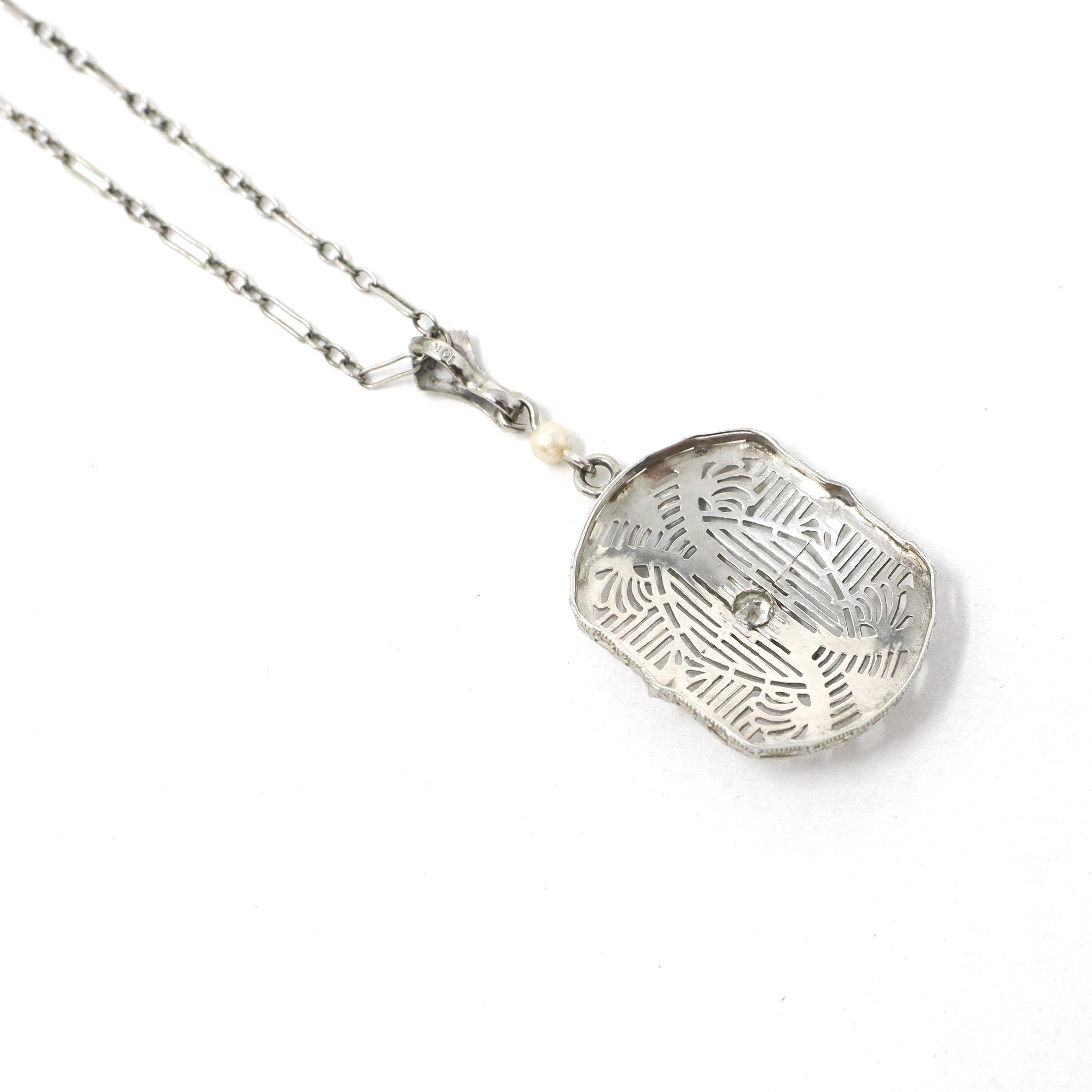 Art Deco Necklace - Vintage 10k White Gold .07 CT Diamond Necklace Lavalier - Circa 1930s Era Filigree Flower Simulated Pearl Fine Jewelry