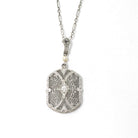 Art Deco Necklace - Vintage 10k White Gold .07 CT Diamond Necklace Lavalier - Circa 1930s Era Filigree Flower Simulated Pearl Fine Jewelry