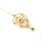 Antique Lavalier Necklace - Edwardian 15k Yellow Gold Natural Green Peridot Gem Pendant Seed Pearls - Circa 1900s Era Fine Statement Jewelry