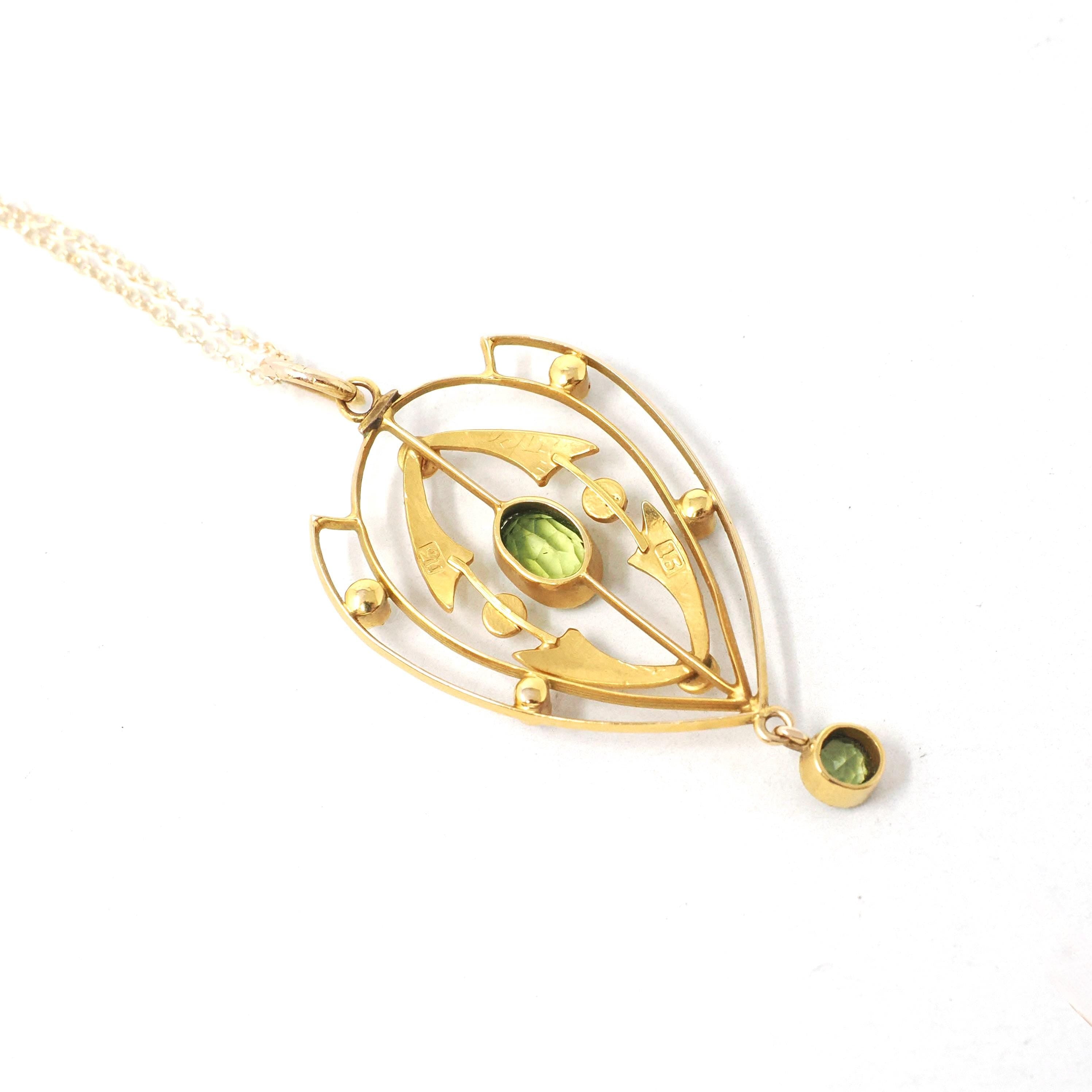 Antique Lavalier Necklace - Edwardian 15k Yellow Gold Natural Green Peridot Gem Pendant Seed Pearls - Circa 1900s Era Fine Statement Jewelry
