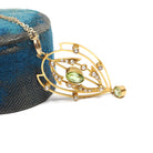 Antique Lavalier Necklace - Edwardian 15k Yellow Gold Natural Green Peridot Gem Pendant Seed Pearls - Circa 1900s Era Fine Statement Jewelry