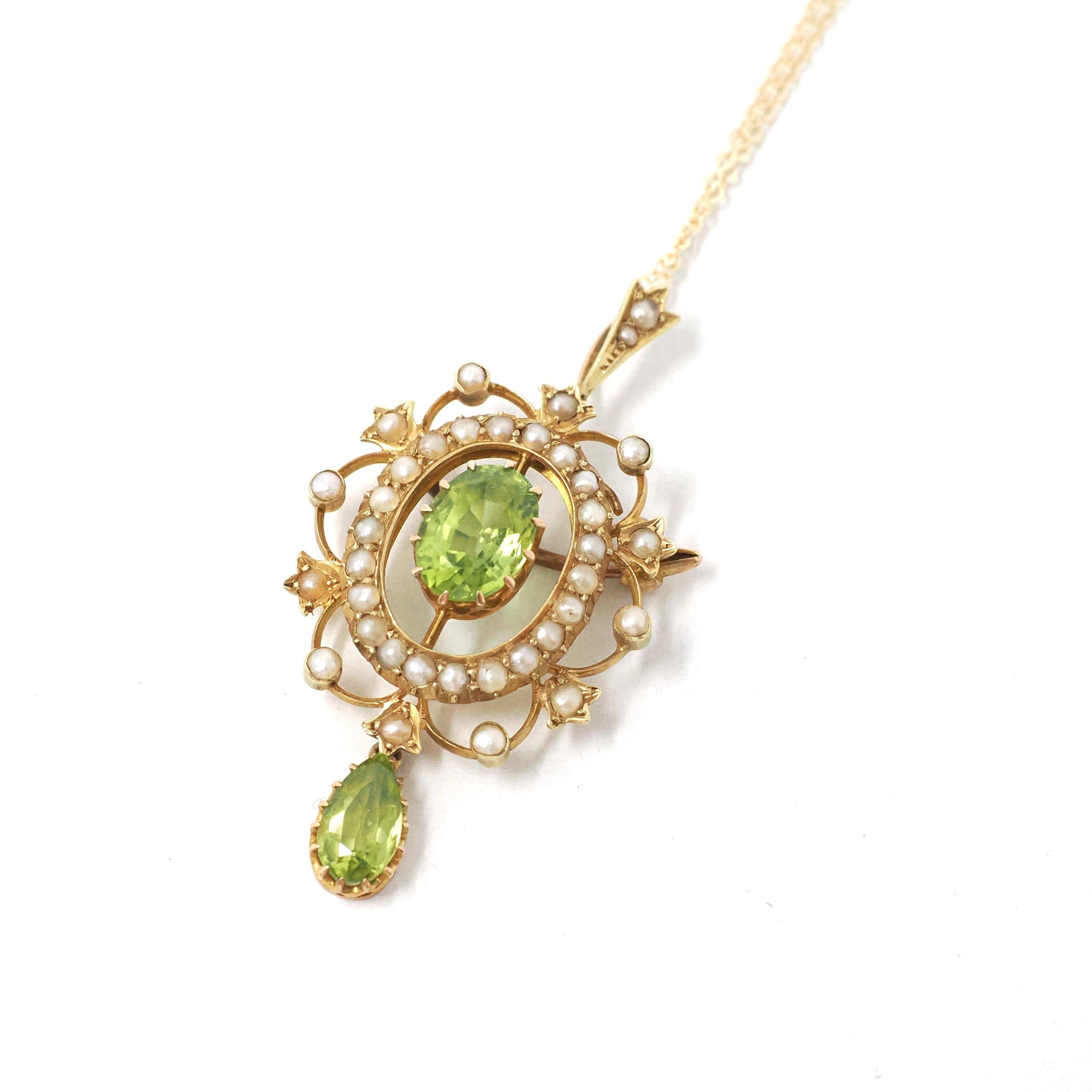 Antique Lavalier Necklace - Edwardian 15k Yellow Gold Natural Green Peridot Gem Pendant Seed Pearls - Circa 1900s Era Fine Brooch Jewelry
